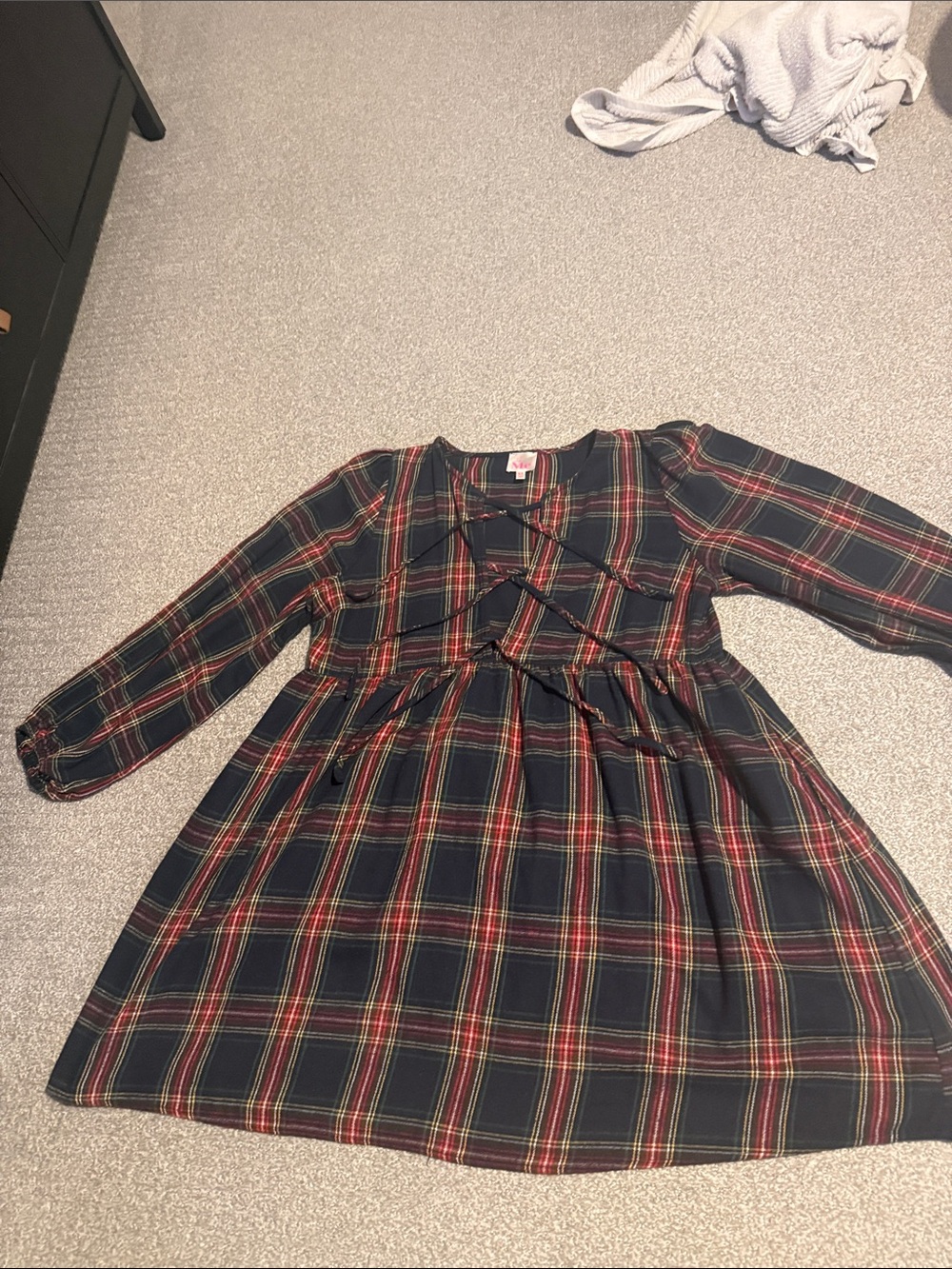 So Me Navy Plaid Long Sleeve Dress with Red and Green Trim